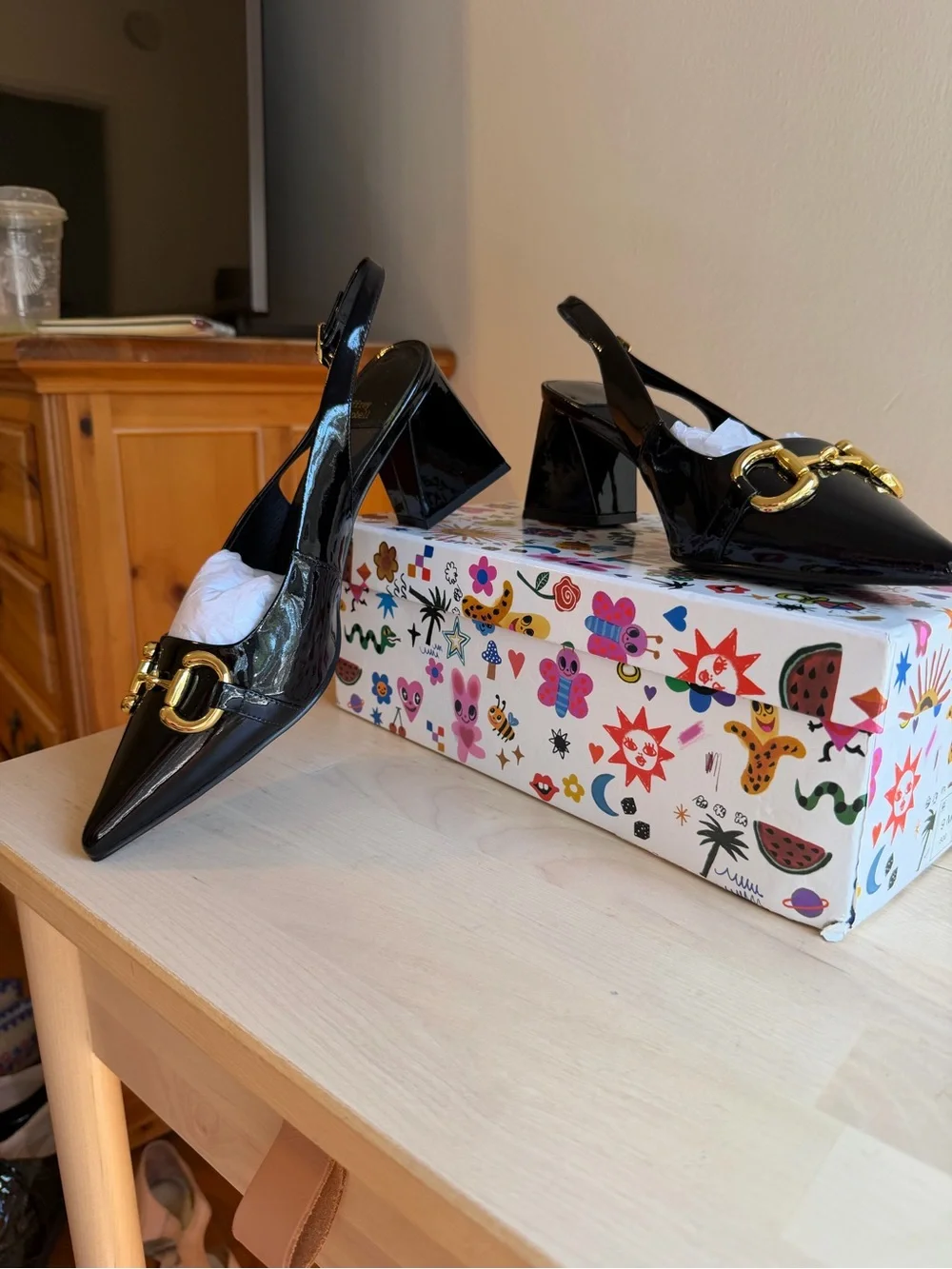 Jeffrey Campbell Black Patent Pointed Slingback Pumps with Gold Hardware